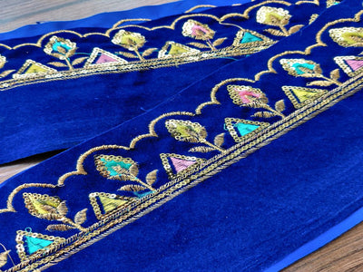 Navy Blue Thread & Sequins Velvet Embroidered Border