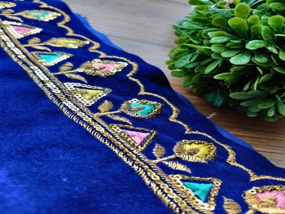 Navy Blue Thread & Sequins Velvet Embroidered Border