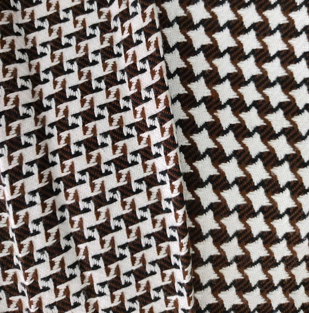 Brown & White Abstract Woolen Tweed Fabric