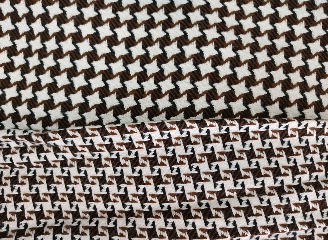 Brown & White Abstract Woolen Tweed Fabric