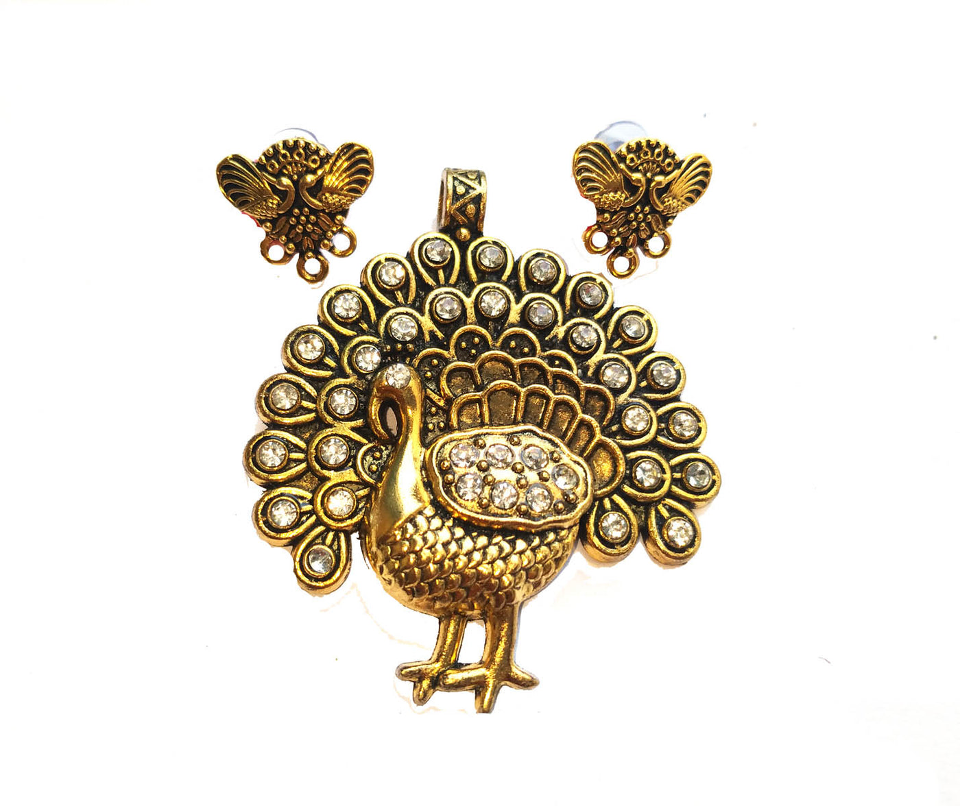 Golden Designer Peacock Pendant with Stones and Studs