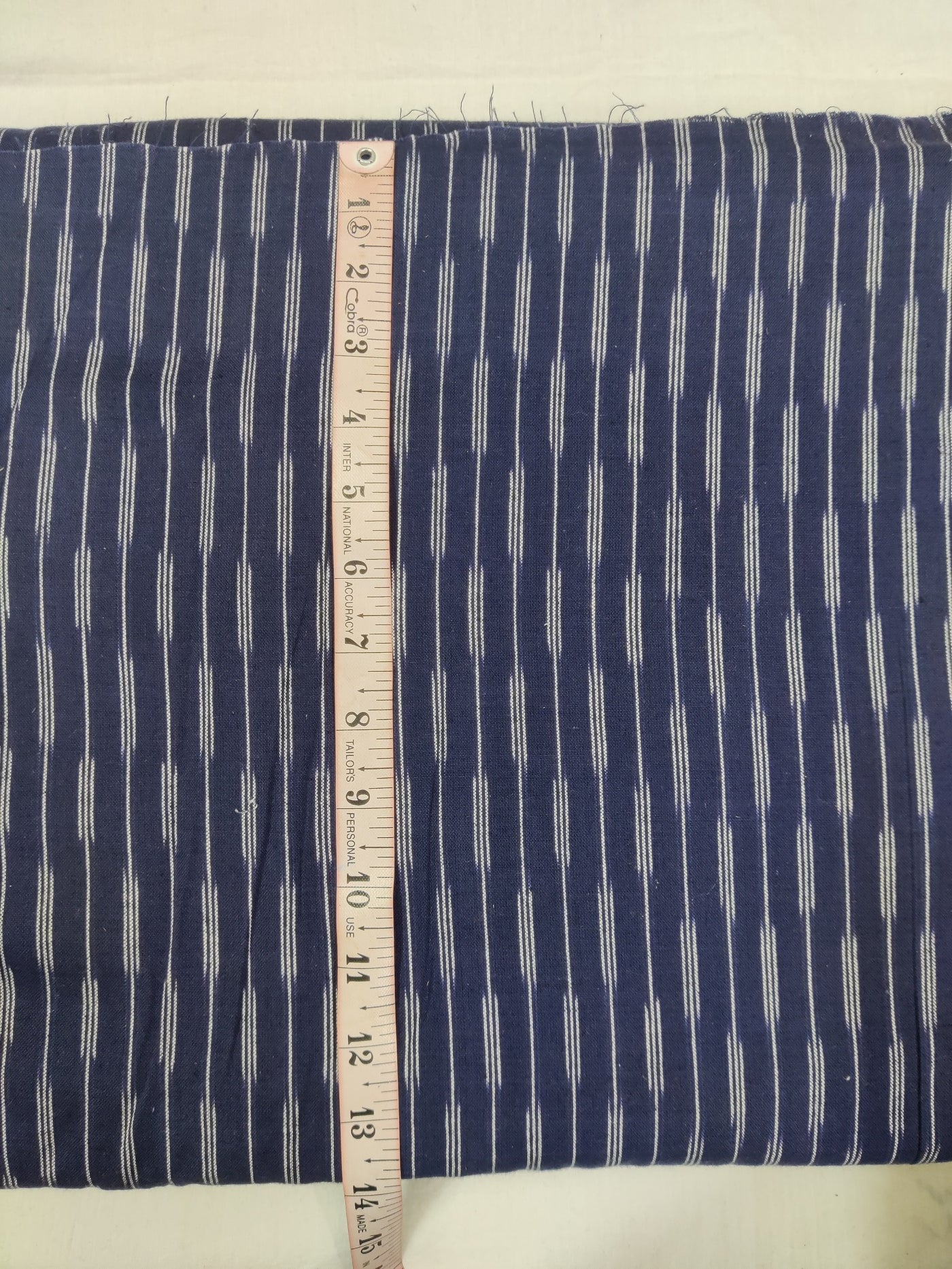 Navy Blue Off White stripes Handloom Pure Cotton Ikat Washed Fabric