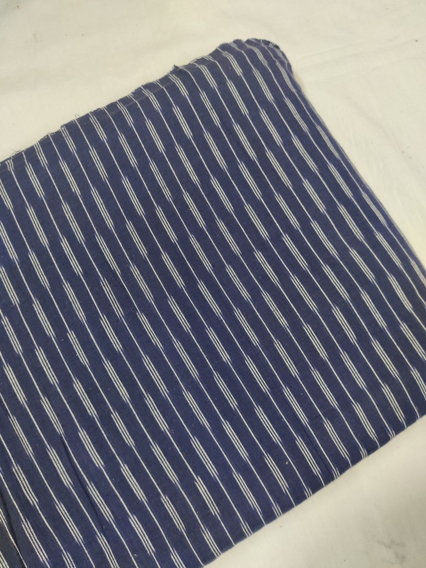 Navy Blue Off White stripes Handloom Pure Cotton Ikat Washed Fabric