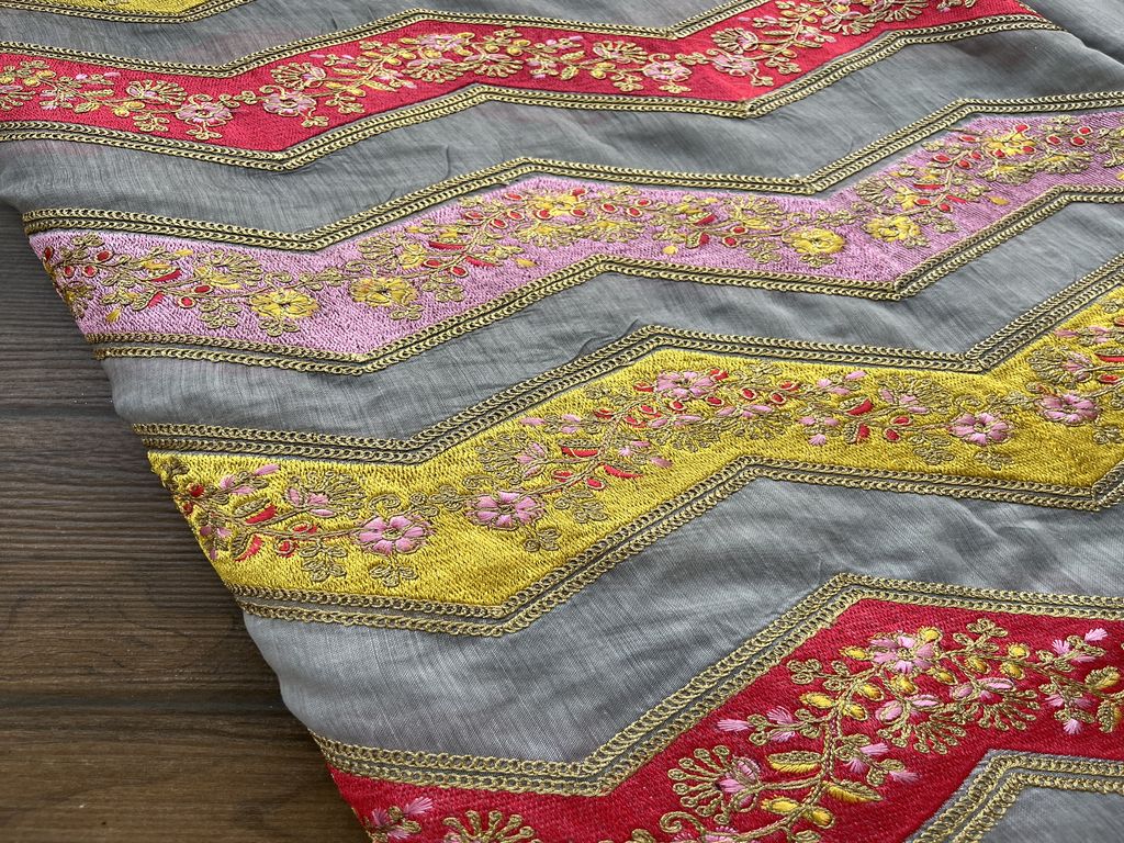 Grey Multicoloured Thread & Dori Embroidered Chanderi Fabric