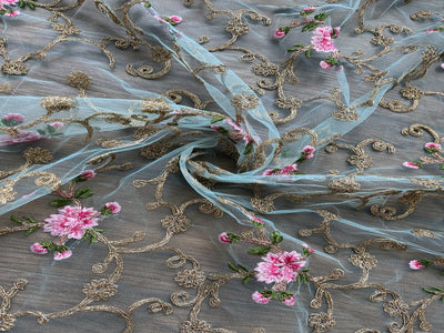 Light Blue Embroidered Net Fabric