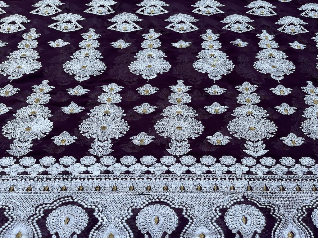 Purple White Lakhnawi Embroidered Georgette Fabric