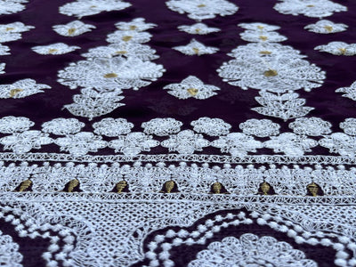 Purple White Lakhnawi Embroidered Georgette Fabric