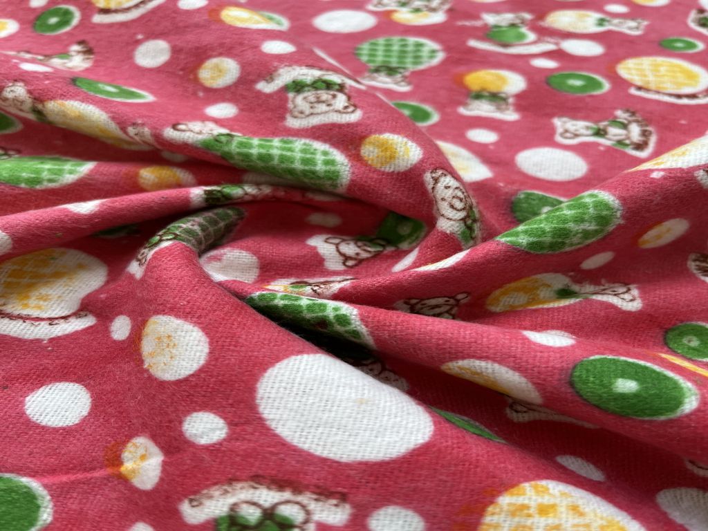 Pink Teddy Bear Printed Flannel Cotton Wool Fabric