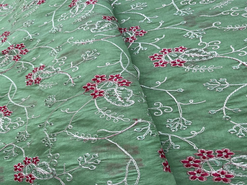 Green Thread Work Embroidered Jaal Chanderi Fabric