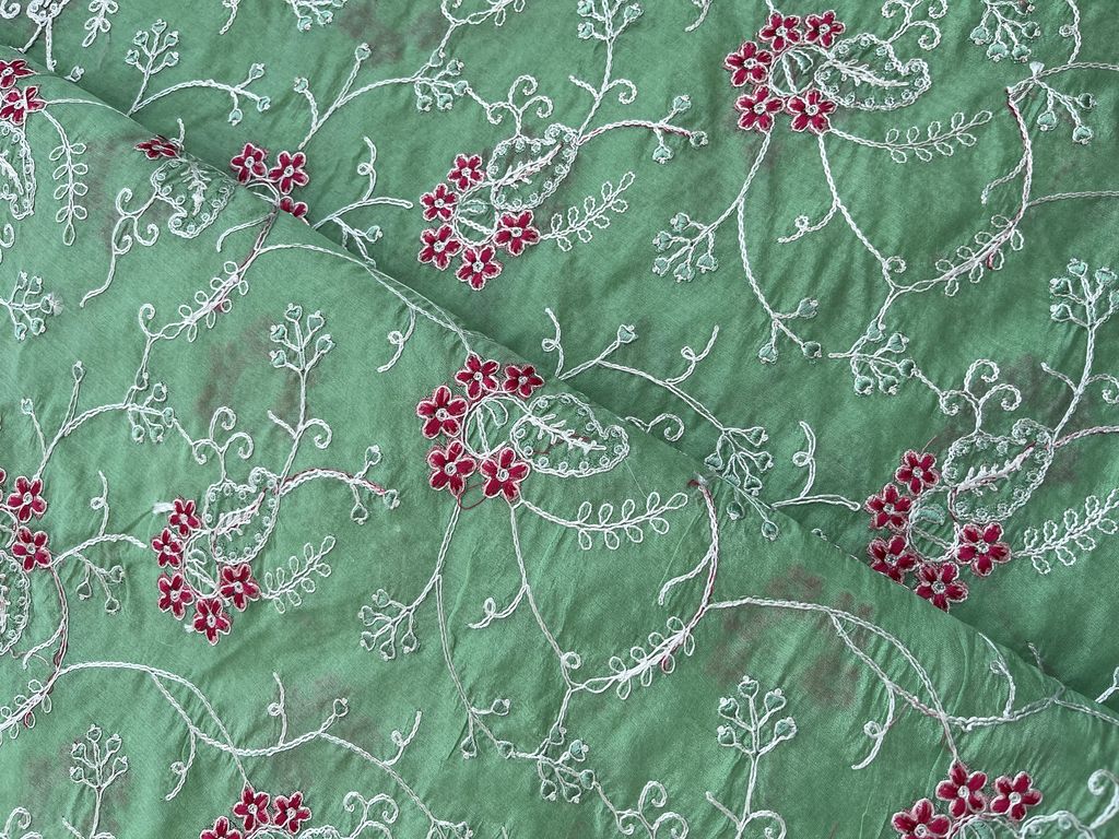 Green Thread Work Embroidered Jaal Chanderi Fabric