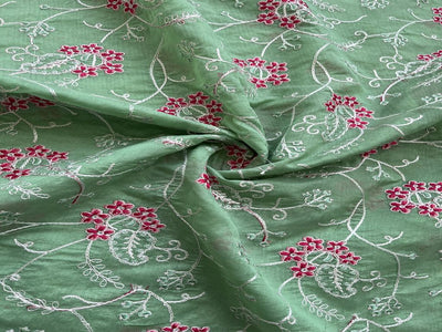 Green Thread Work Embroidered Jaal Chanderi Fabric