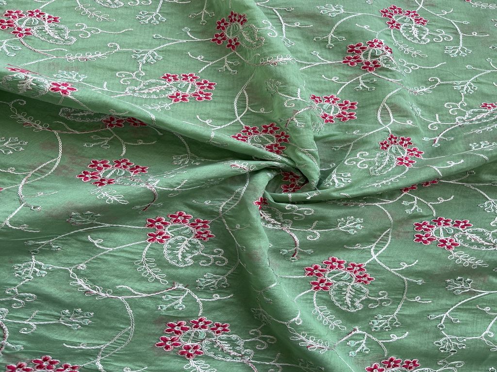 Green Thread Work Embroidered Jaal Chanderi Fabric