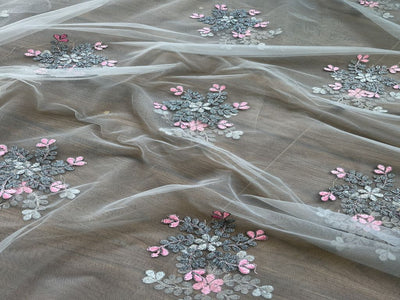 Gray Dori And Thread Floral Embroidered Net Fabric