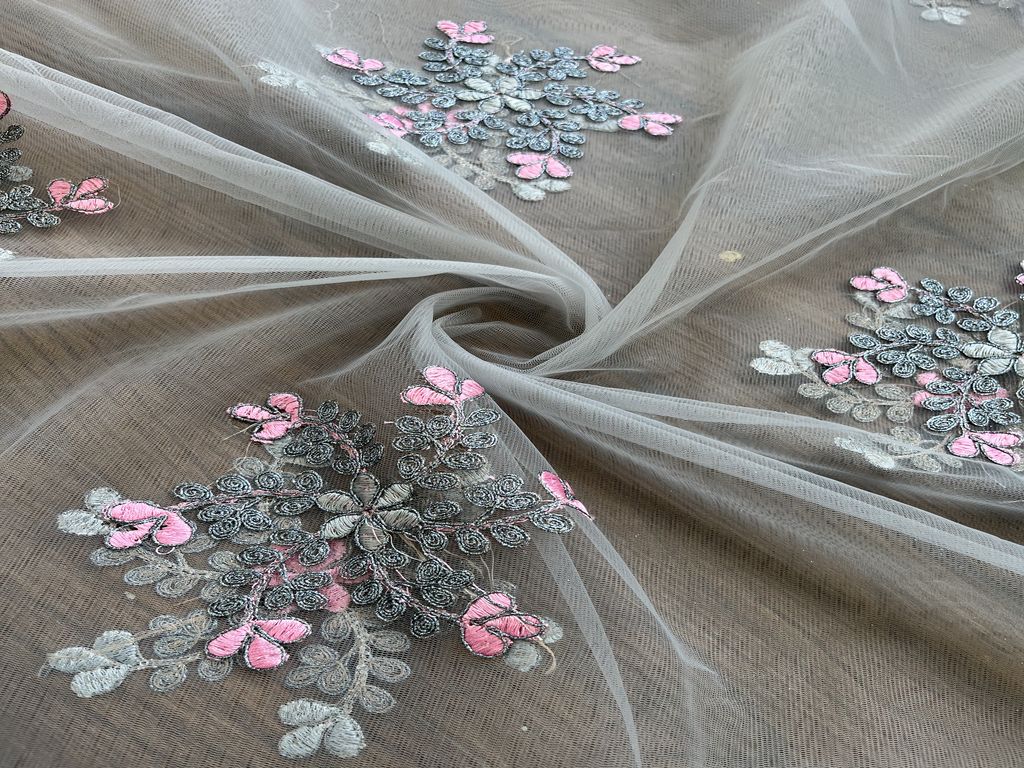 Gray Dori And Thread Floral Embroidered Net Fabric