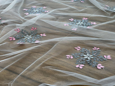 Gray Dori And Thread Floral Embroidered Net Fabric