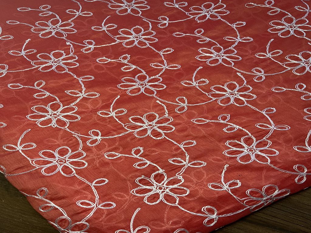 Orange White Dori Jaal Embroidered Chanderi Fabric