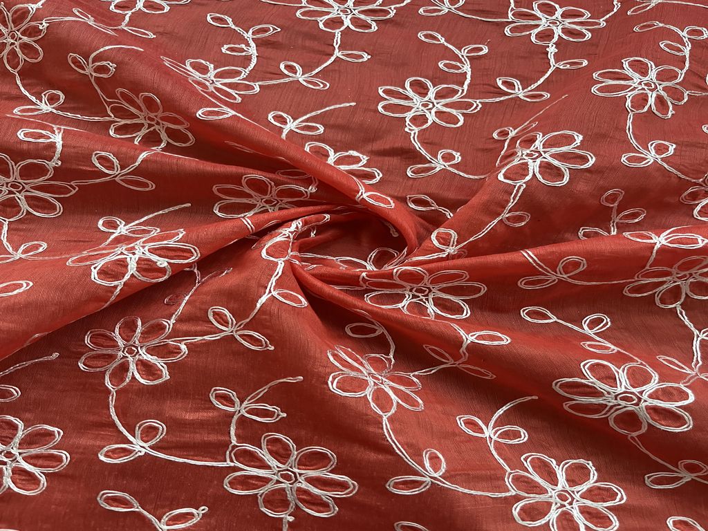 Orange White Dori Jaal Embroidered Chanderi Fabric