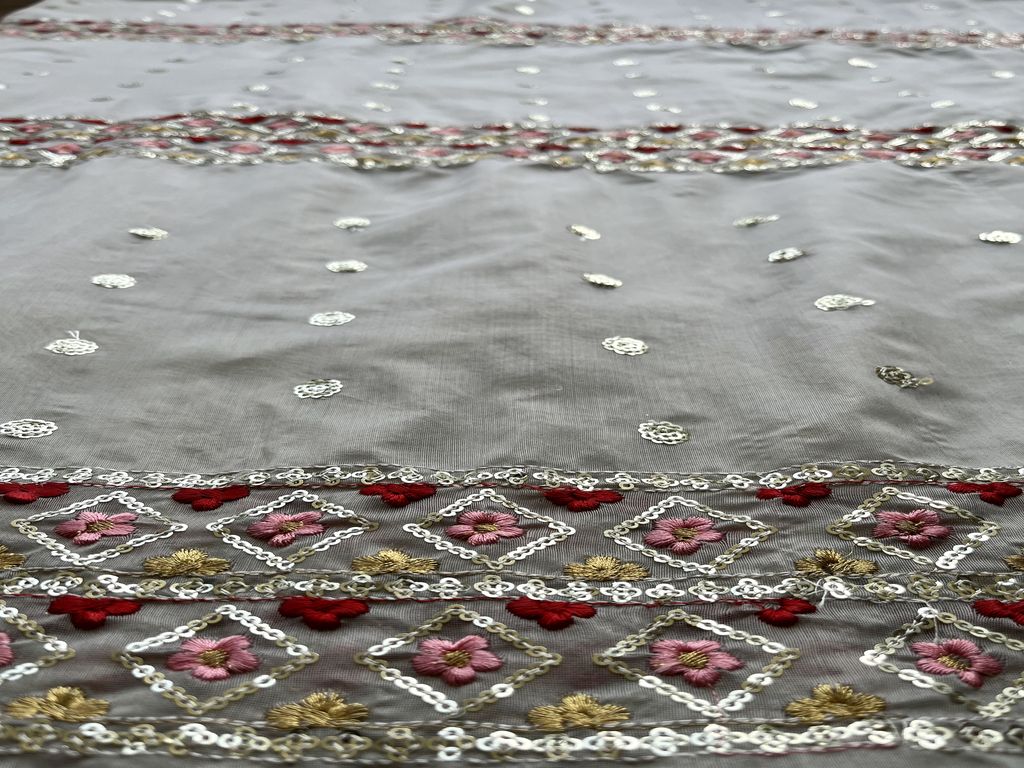 Grey Sequins & Thread Embroidered Chanderi Fabric