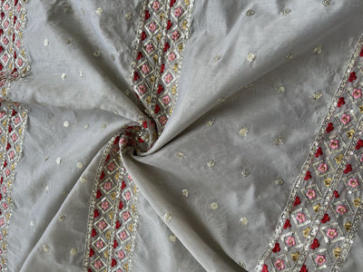 Grey Sequins & Thread Embroidered Chanderi Fabric