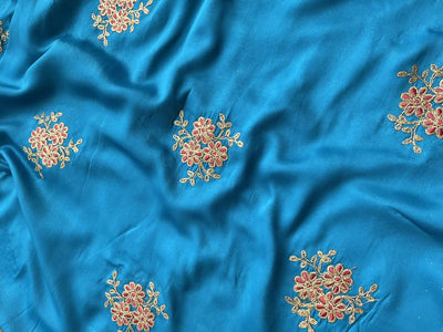 Blue Golden Dori Floral Embroidered Satin Fabric