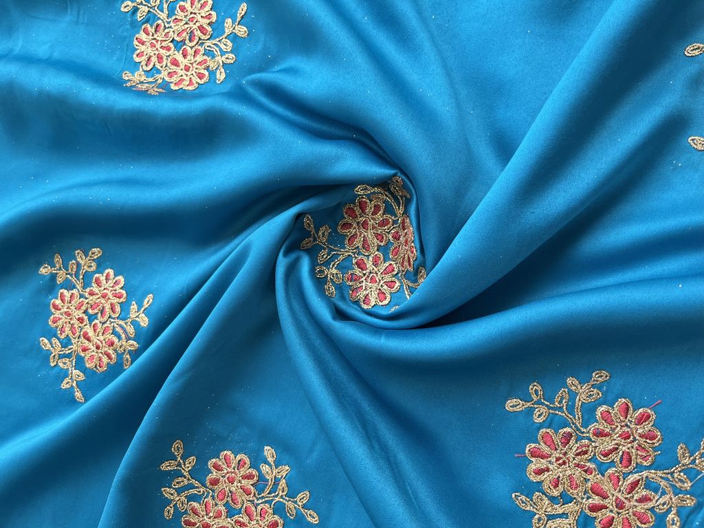 Blue Golden Dori Floral Embroidered Satin Fabric