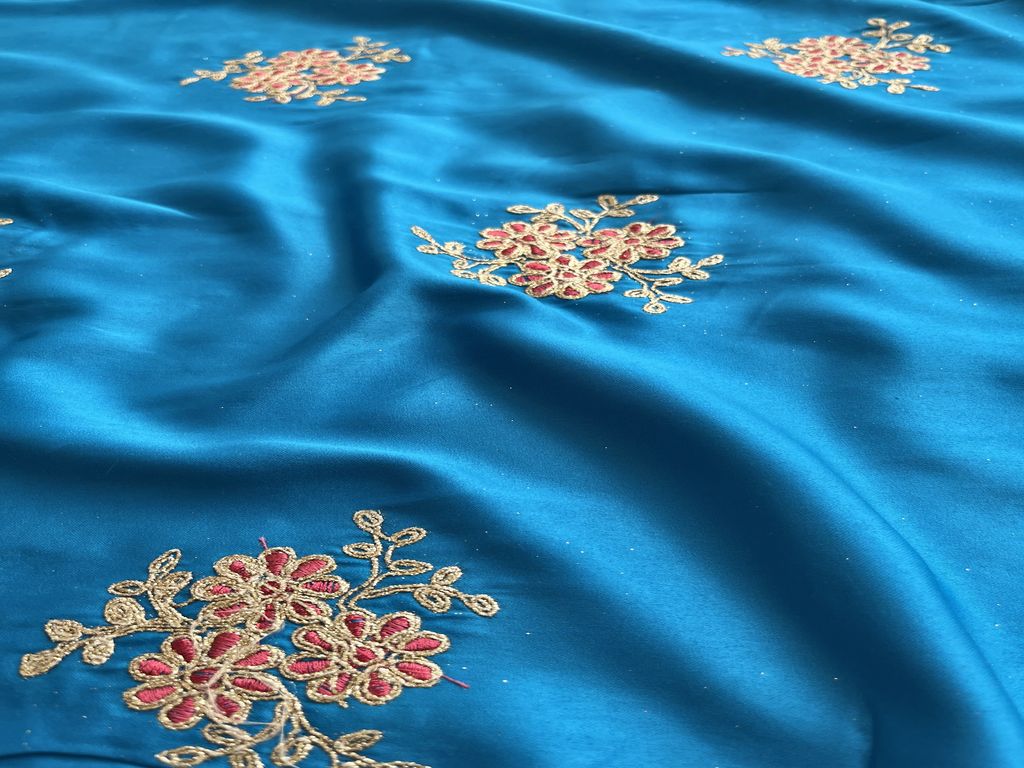 Blue Golden Dori Floral Embroidered Satin Fabric