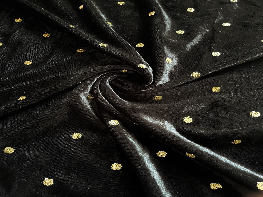 Black Velvet Fabric With Sequins Embroidered Motifs Fabric