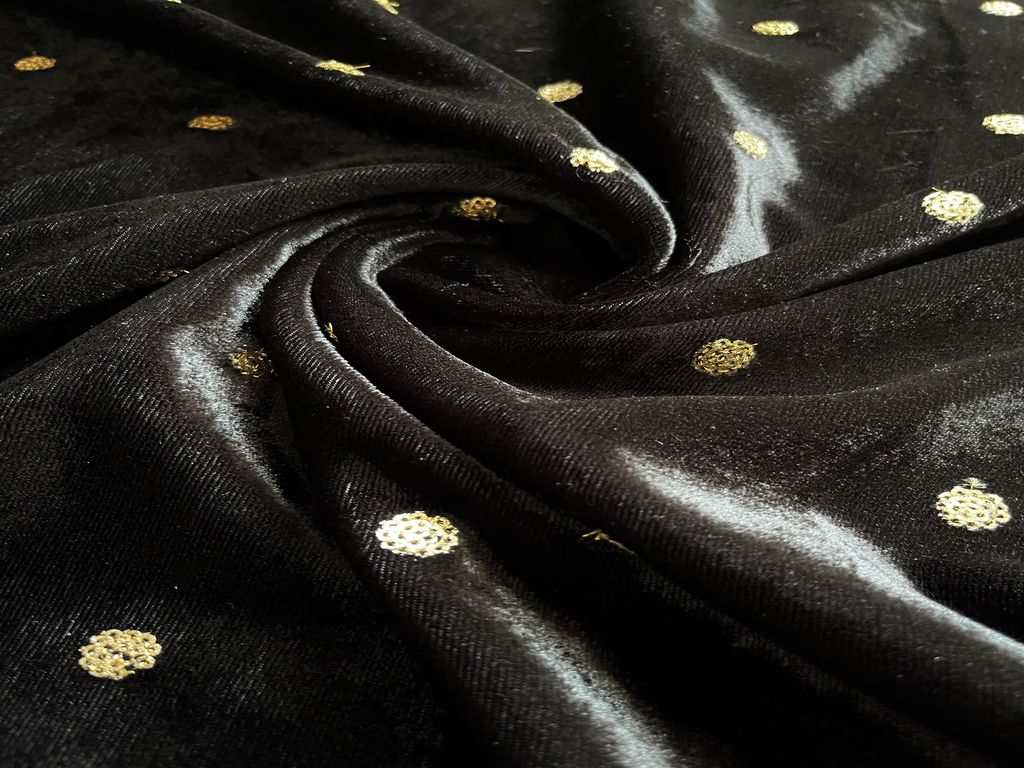 Black Velvet Fabric With Sequins Embroidered Motifs Fabric