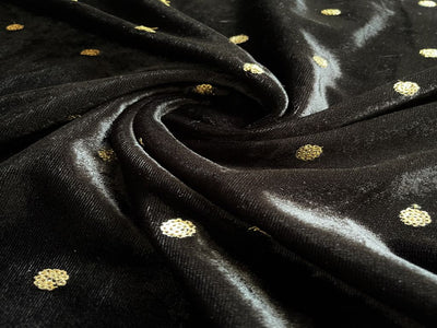 Black Velvet Fabric With Sequins Embroidered Motifs Fabric