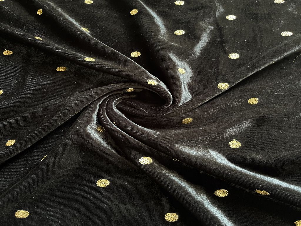 Black Velvet Fabric With Sequins Embroidered Motifs Fabric