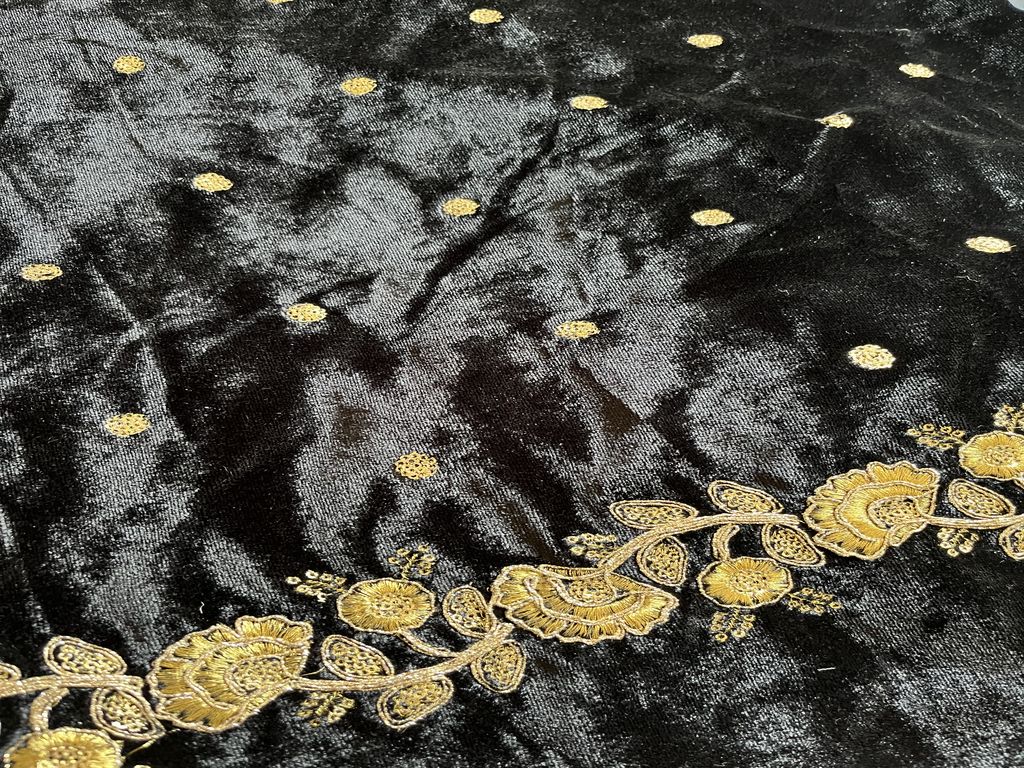 Black Velvet With Double Sided Golden Sequins And Dori Embroidery Fabric