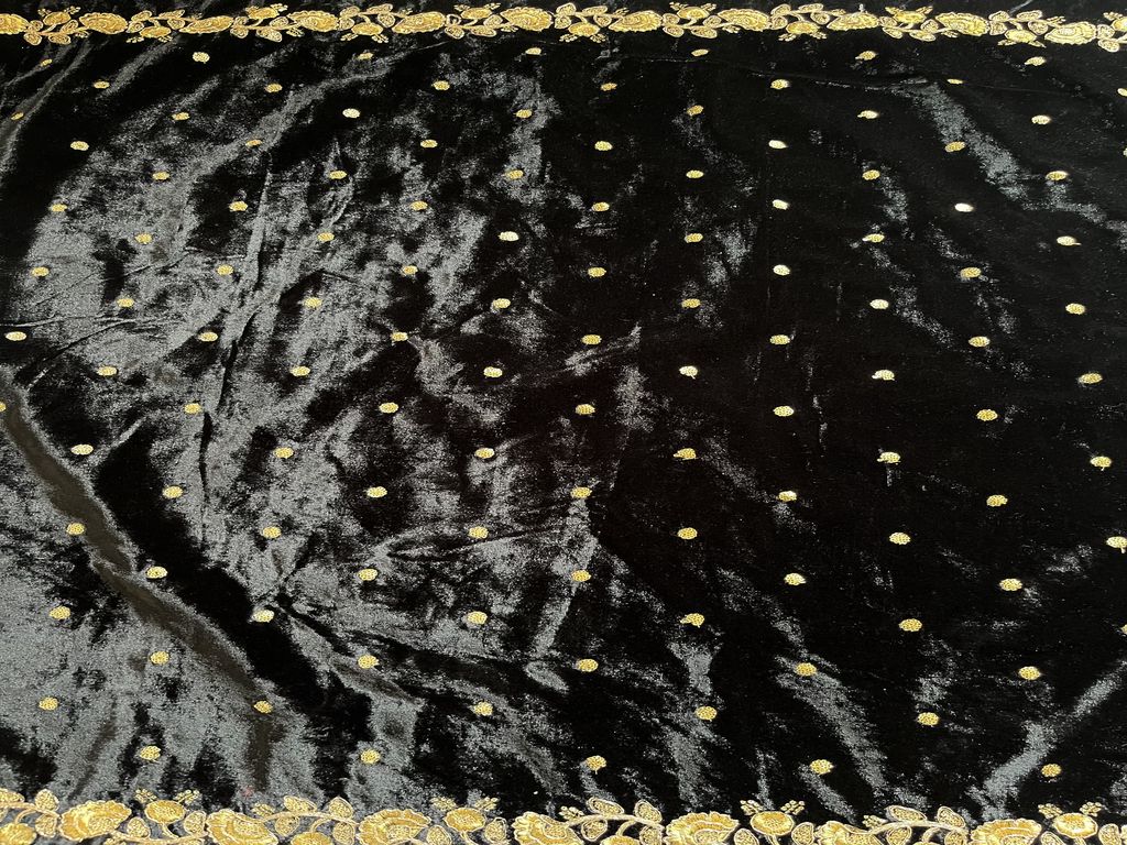 Black Velvet With Double Sided Golden Sequins And Dori Embroidery Fabric