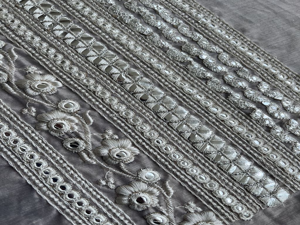 Gray Chanderi Silver Faux Mirror Embroidered Border