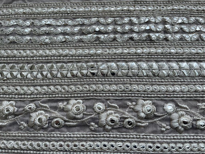 Gray Chanderi Silver Faux Mirror Embroidered Border