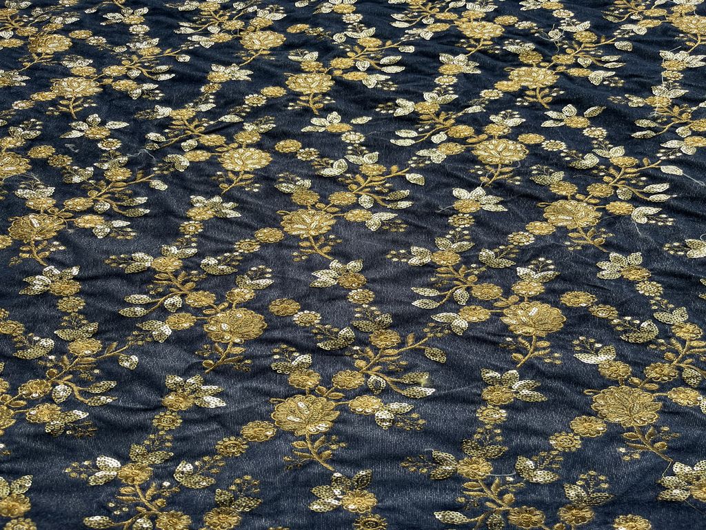 Grey Velvet With Golden Heavy Sequins And Thread Embroidered Jaal Fabric