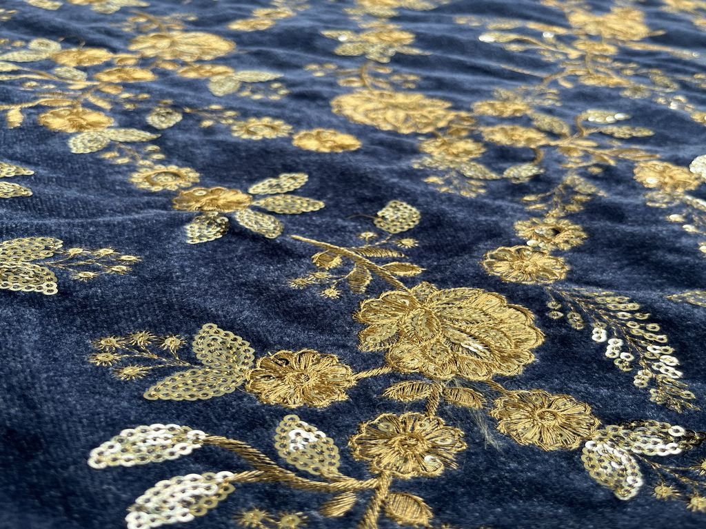 Grey Velvet With Golden Heavy Sequins And Thread Embroidered Jaal Fabric