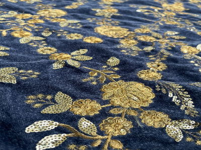 Grey Velvet With Golden Heavy Sequins And Thread Embroidered Jaal Fabric