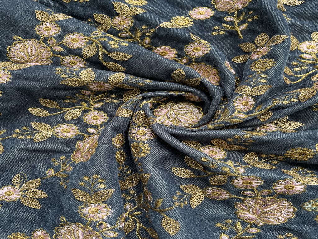 Grey Velvet With Golden Heavy Sequins And Pink Thread Embroidered Jaal Fabric