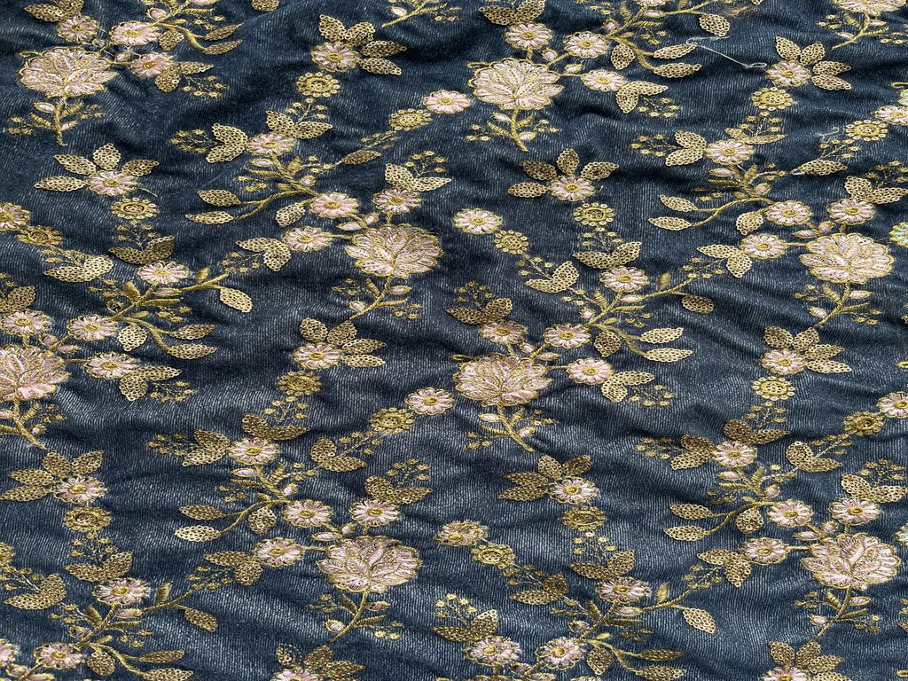 Grey Velvet With Golden Heavy Sequins And Pink Thread Embroidered Jaal Fabric