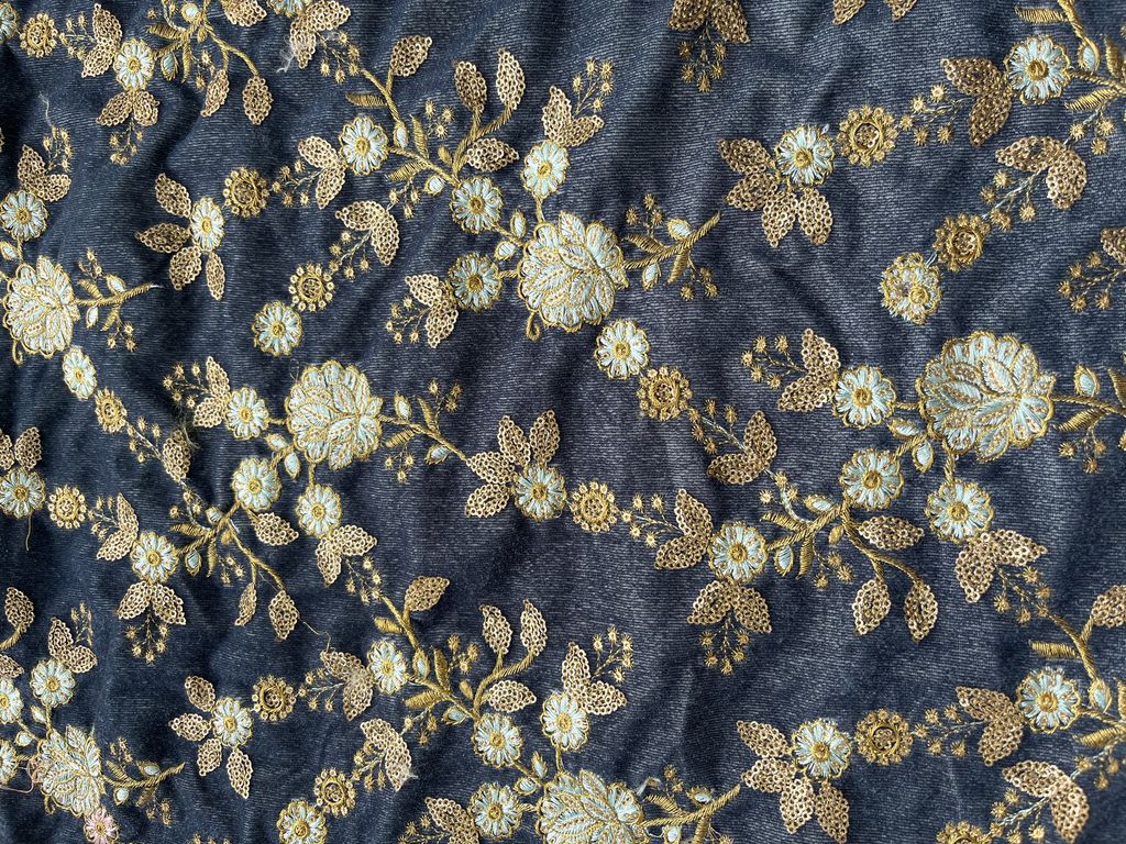 Gray Sequins And Thread Embroidered Velvet Fabric