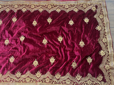 Precut 2.35 Meters Maroon Heavy Embroidered Golden Zari & Sequins Work  with 4 Sided Border Velvet Fabric