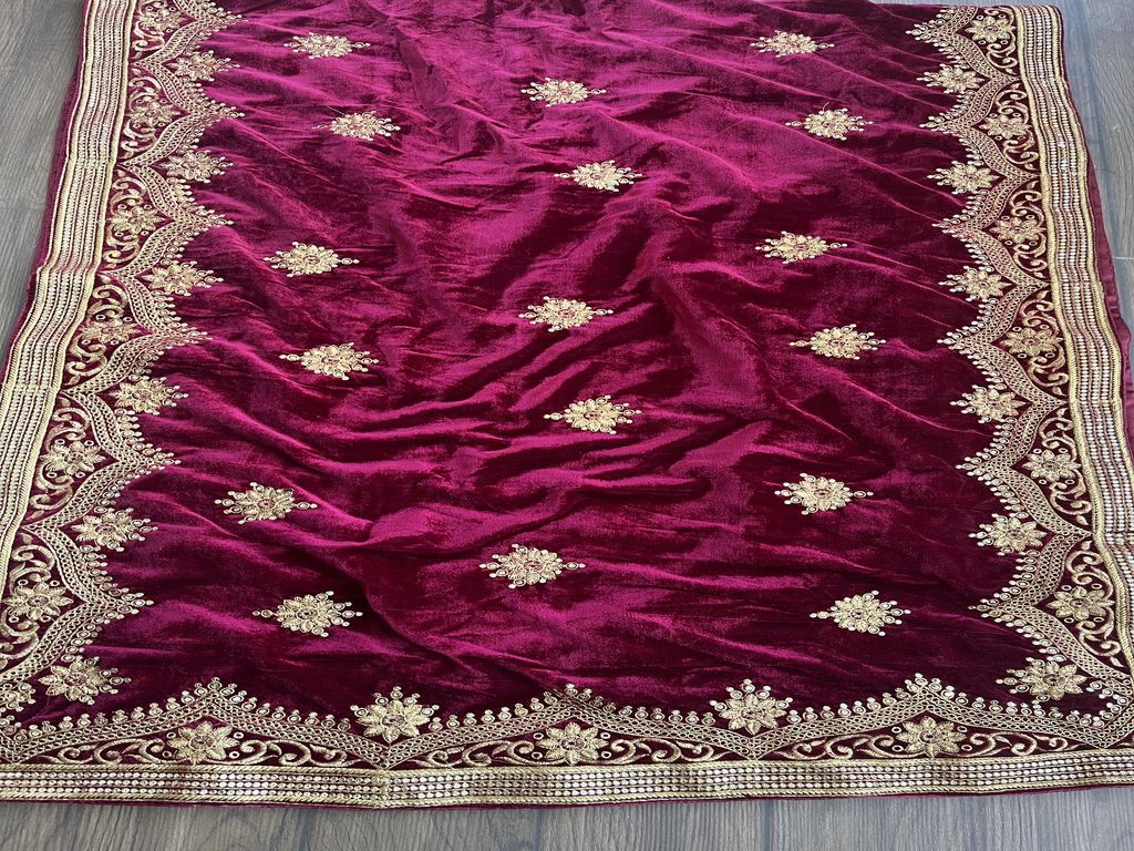 Precut 2.35 Meters Maroon Heavy Embroidered Golden Zari & Sequins Work  with 4 Sided Border Velvet Fabric