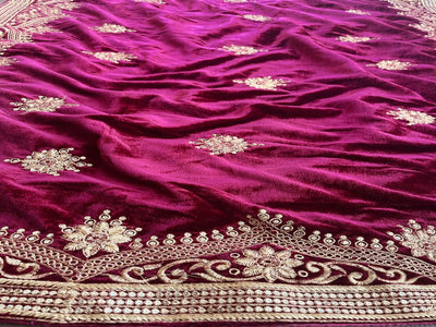 Precut 2.35 Meters Maroon Heavy Embroidered Golden Zari & Sequins Work  with 4 Sided Border Velvet Fabric