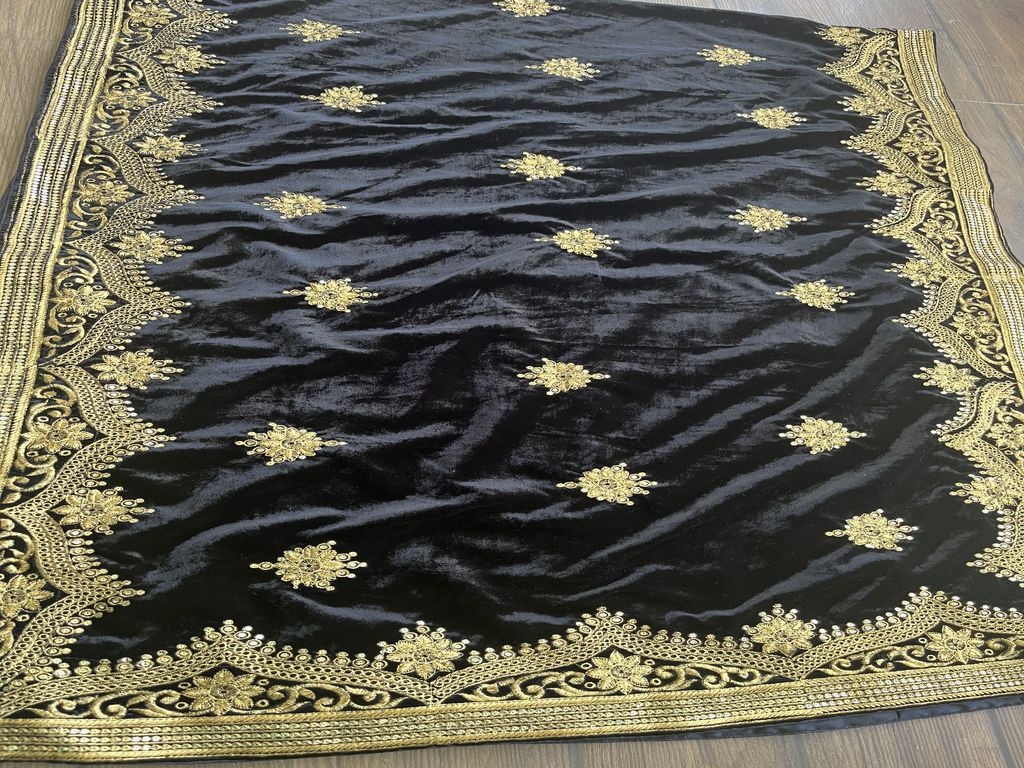 Precut 2.35 Meters Black Embroidered Velvet Fabric