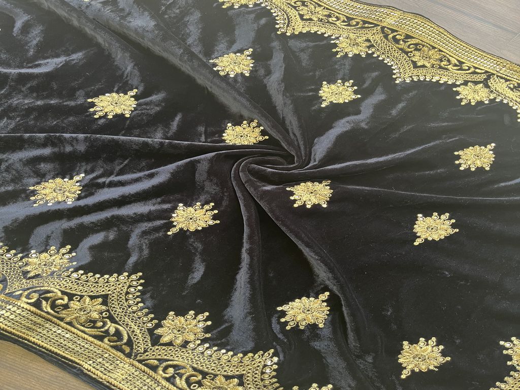 Precut 2.35 Meters Black Embroidered Velvet Fabric