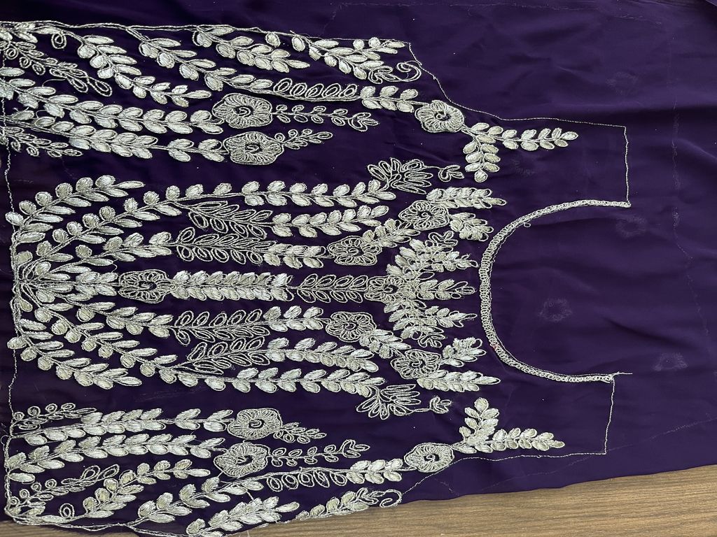 Purple Georgette Based Silver Dori Embroidered Patch