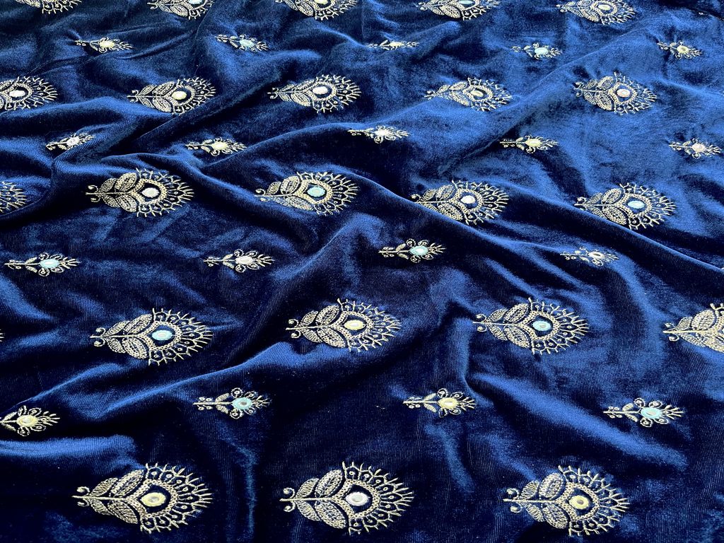 Navy Blue with Golden Sequence Zari & Multicoloured Mirror Work Embroidery Soft Velvet