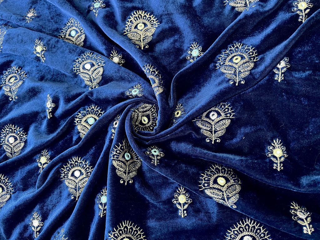 Navy Blue with Golden Sequence Zari & Multicoloured Mirror Work Embroidery Soft Velvet