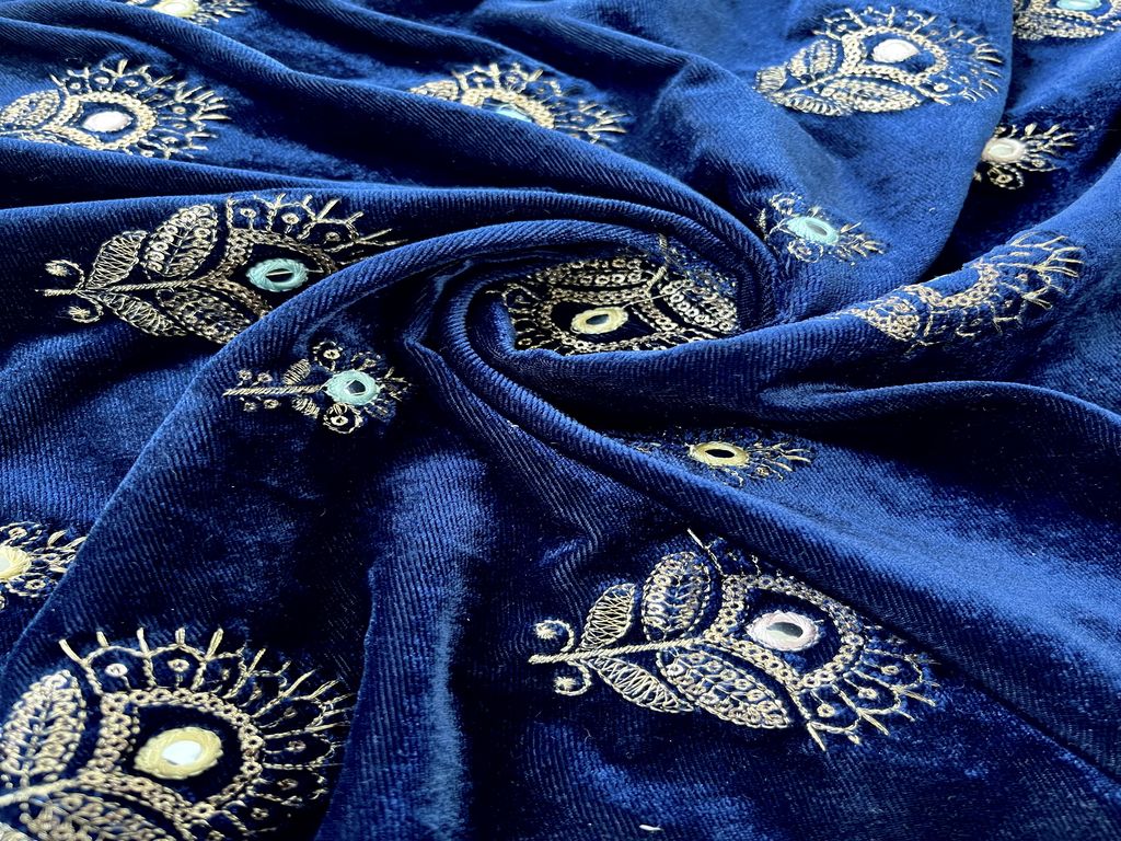 Navy Blue with Golden Sequence Zari & Multicoloured Mirror Work Embroidery Soft Velvet