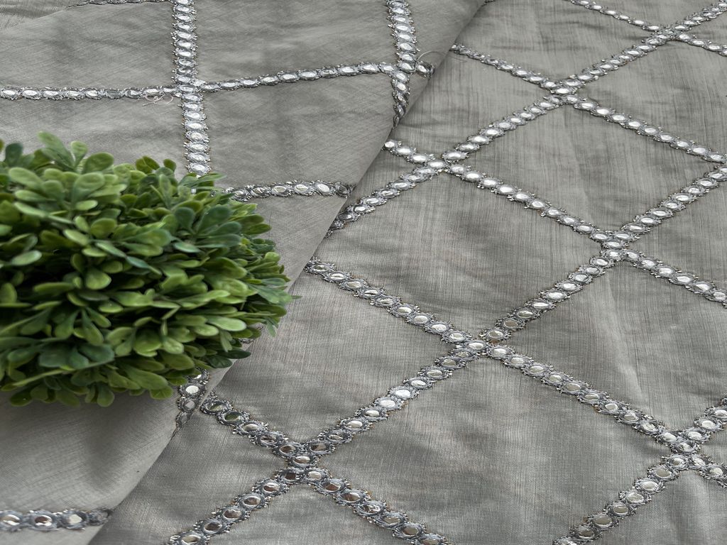 Grey Faux Mirror Embroidered Chanderi Fabric